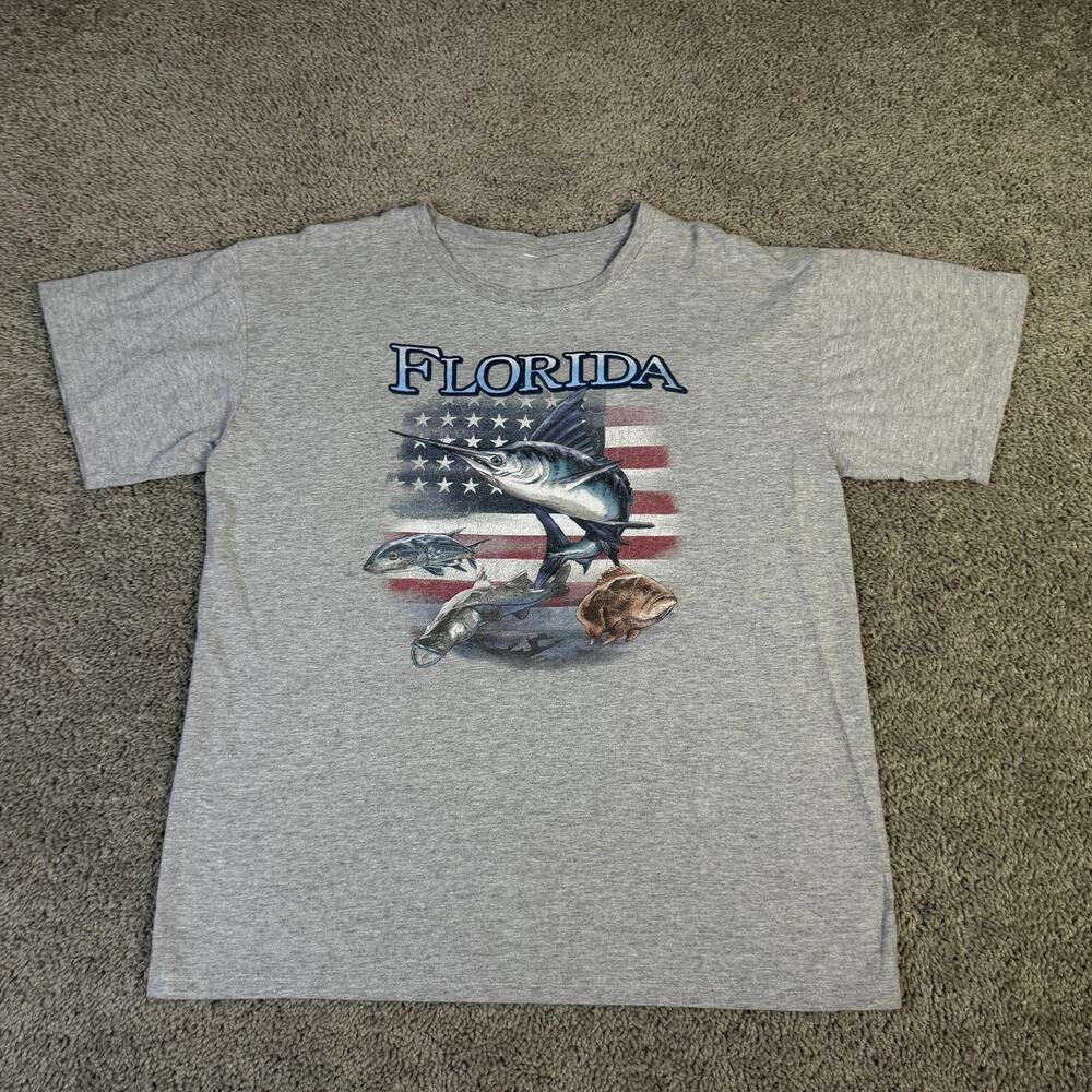 Florida Shirt Mens L Gray American Flag Fish Graphic Crew Neck Cotton Blend